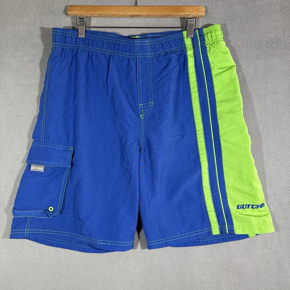 GOTCHA Vtg Mens Medium Board Shorts Surf Style Blue Green Stripped Y2K Net Lined